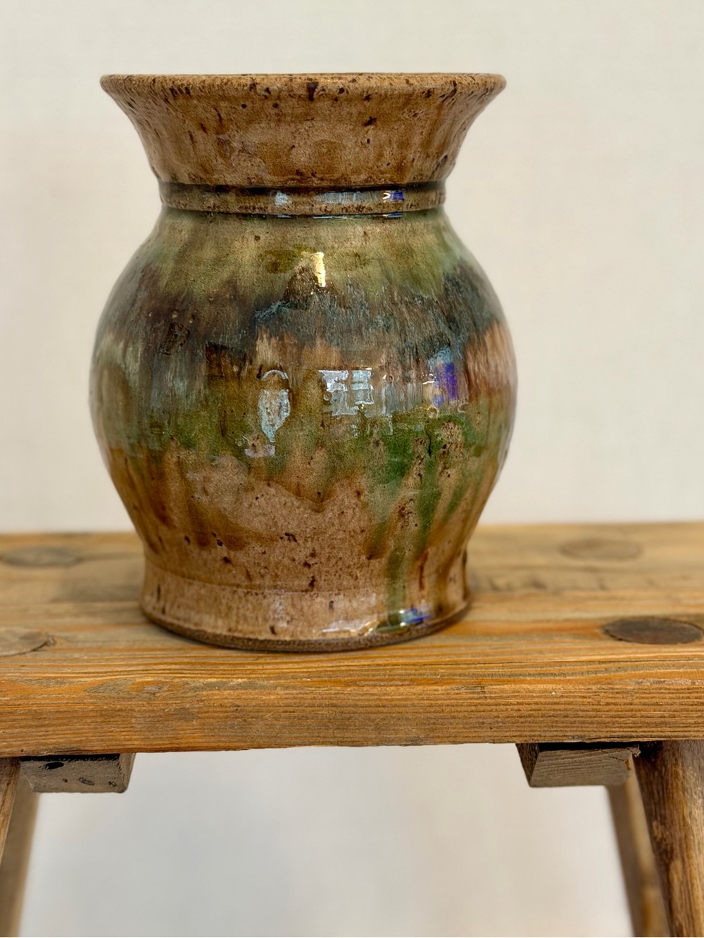 Vintage Handcrafted Stoneware  Vase. Bohemian, green,  brown earth tones